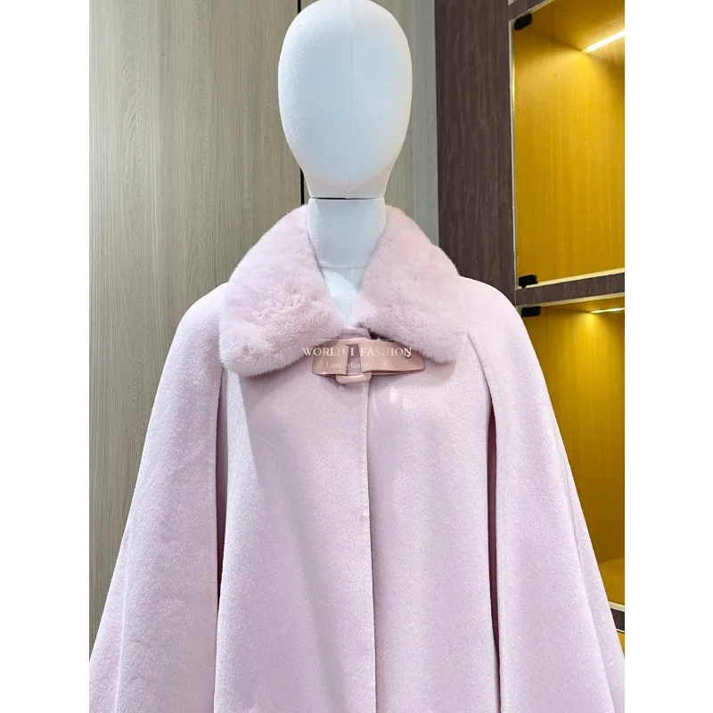 نمط معطف سترة قمم الكشمير الصوف الحرير 2025 أعلى جودة الوردي كم طويل التلبيب مزدوجة الوجهين الكشمير الرأس