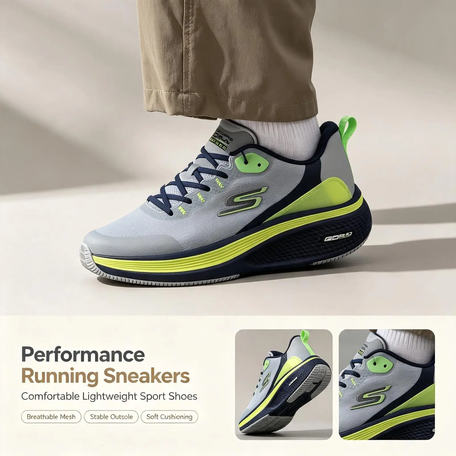 Skechers New Men Athletic Running Sneakers 220851‑GYNV Grey Navy Lightweight Cushion Shock‑Absorbing Breathable Mesh Sport Shoes