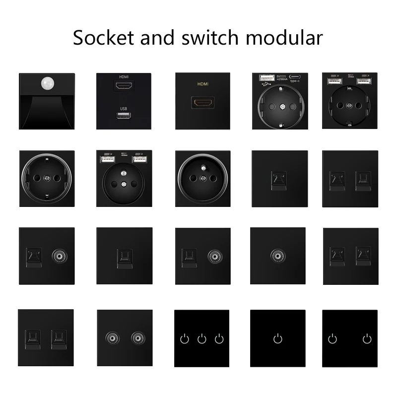 EU/FR/Universal Std 52*52mm Switch Socket RJ45 TV USB ModuleTempered Glass Panel Iron Flame Position Change Free Combination DIY