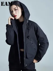 [EAM] Black Big Size Loose Fit Pocket Casual Jacket New Hooded Long Sleeve Women Coat Fashion Tide Spring Autumn 2024 1DH3240