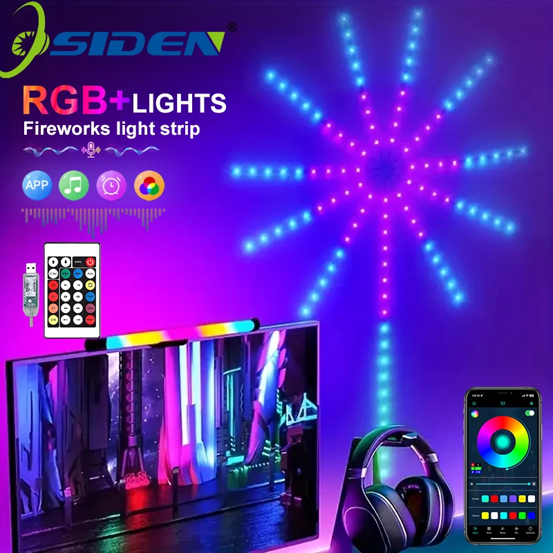 

RGBIC Smart Fireworks Led Light 5 В Изменение Bluetooth Синхронизация музыки Пульт дистанционного управления и управление через приложение DIY Огни Настенное рождественское украшение для комнаты
