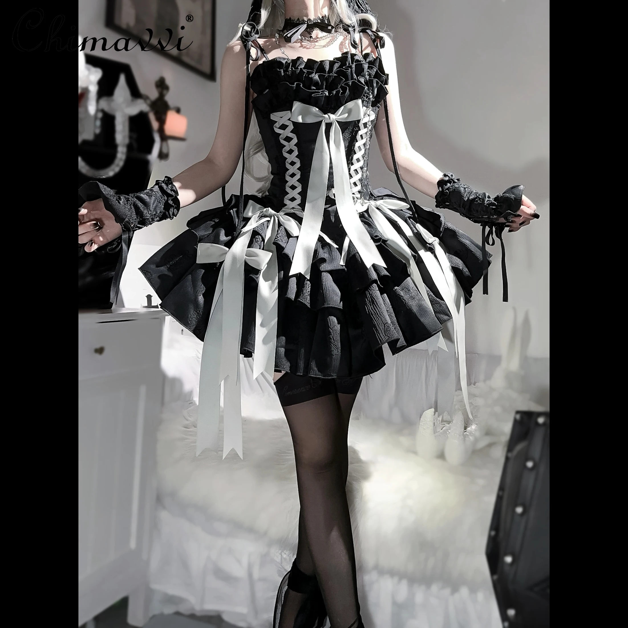 Spring and Autumn New Gothic Dark Girl Fishbone Original Dress Long Waist Sweet Ribbon Bow Cosplay Lolita Short Party Dress