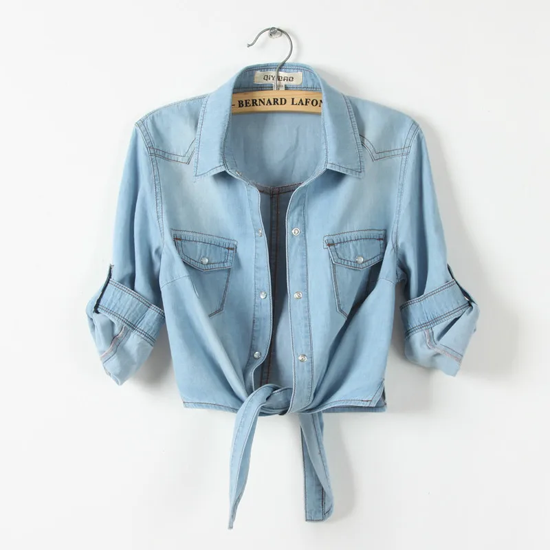 # 3110 Kurzarm-Hemd für Damen mit Umlegekragen, Schlankes Kurzes Jeanshemd, Einreihiges Blaues Jeanshemd, Oberbekleidung für den Sommer