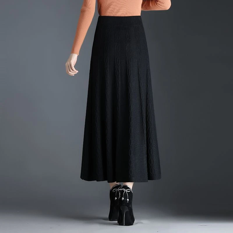 Autumn Winter Women's Korean Elegant Black Knitted A-line Midi Skirt High Waist Twist Jacquard Chic Street Female Skirts Saias