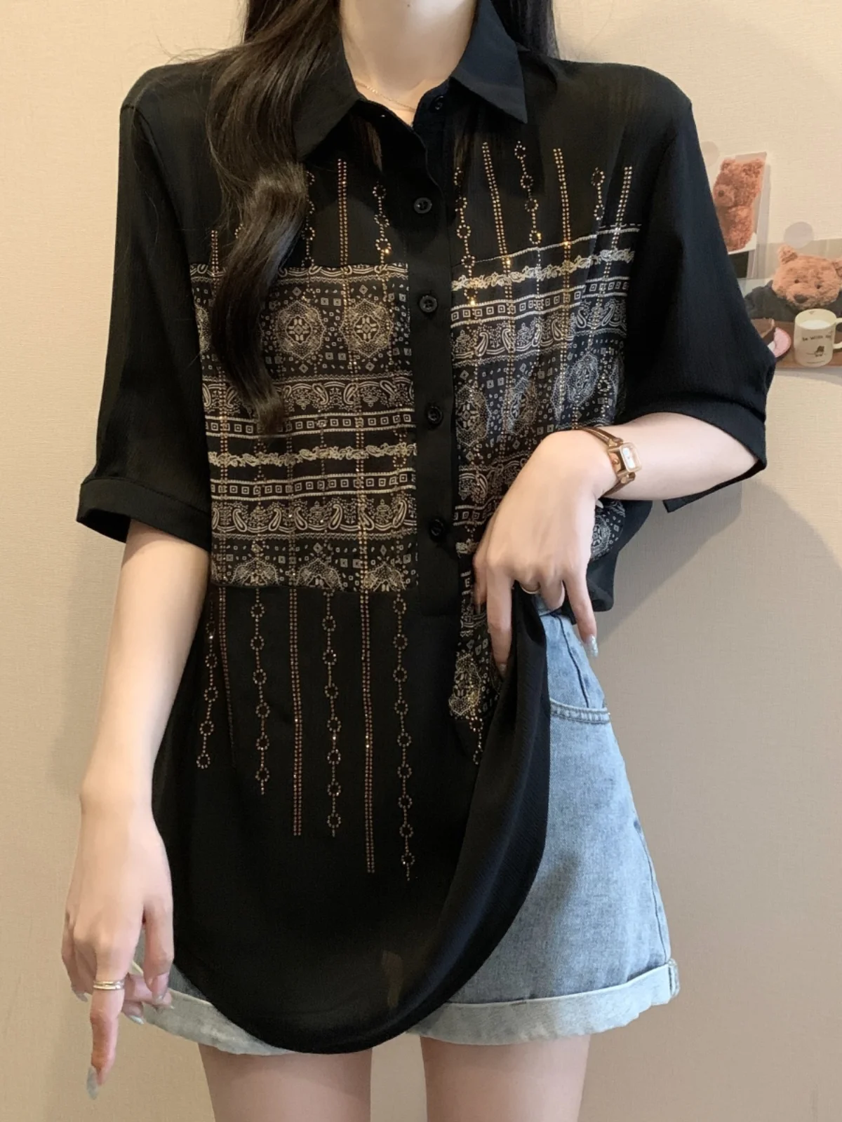 

Retro Hong Kong Style Women's Short Sleeve Shirt Summer plus Size Slimming Design Heavy Embellished Diamond Top Anti-Aging Bl...