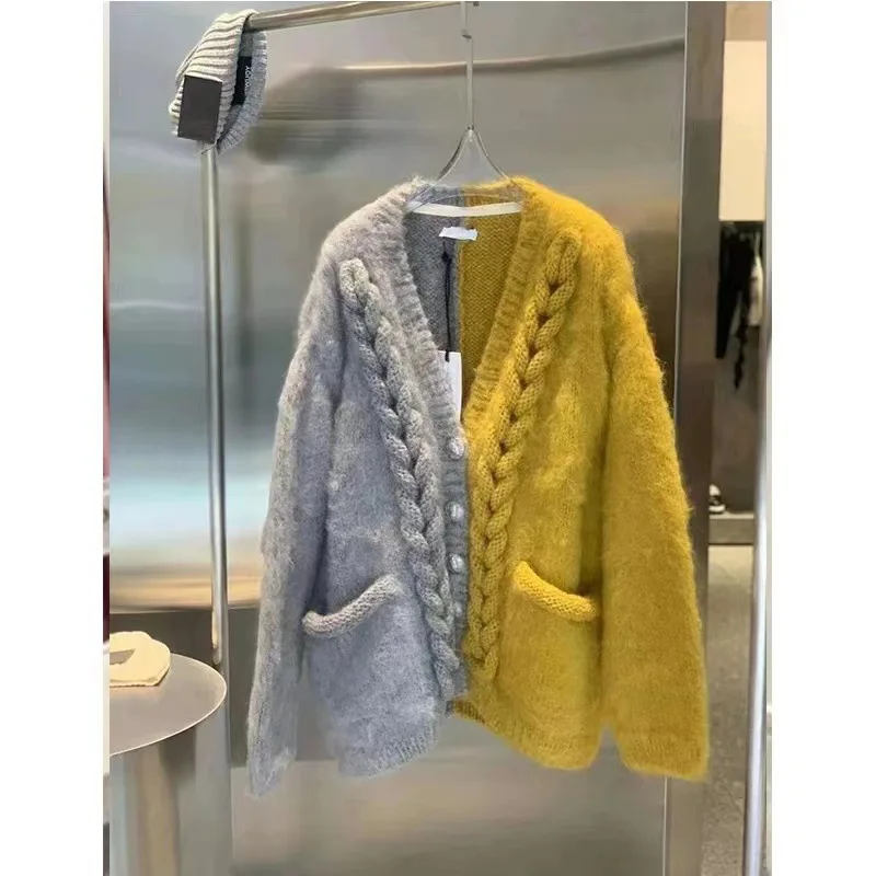 Chic Women\'s Contrast Color Twist Crocheted Mohair Thickened Knitting Cardigan Sweater Coat Autumn Winter Knitear Outwear Tops