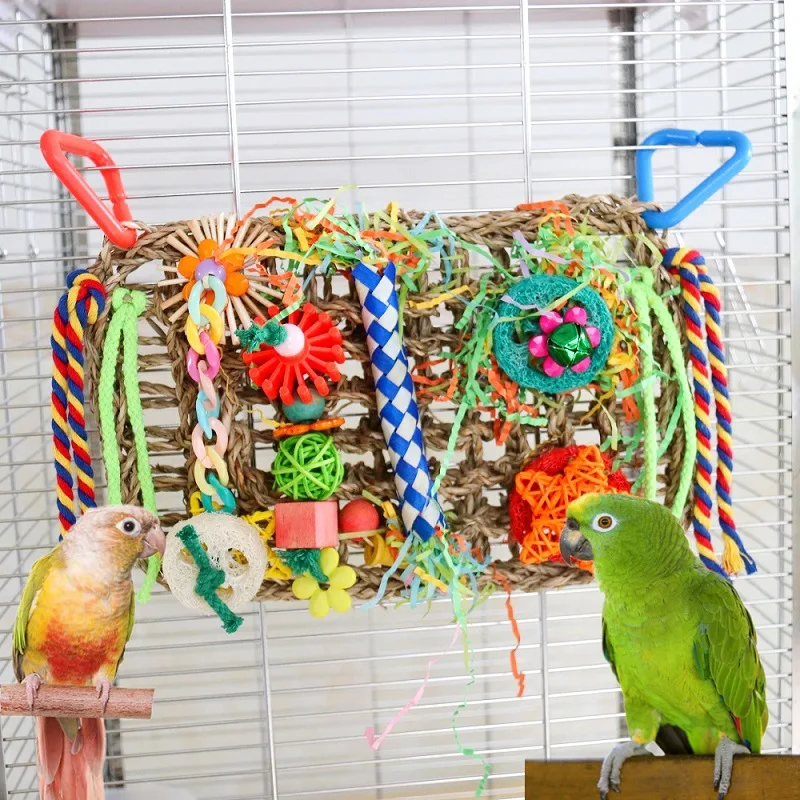 Bird Toys Bird Foraging Toys for Parakeets Cockatiel Conures Lovebirds Bird Foraging Shredding Seagrass Wall with Various Toys