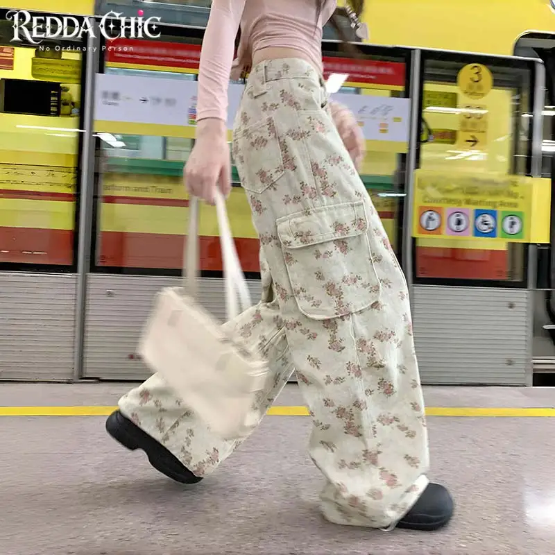 REDDACHiC Cutecore Floral Cargo Jeans Cottagecore Multi-pocket Loose Low Waist Wide Leg Denim Joggers Lounge Woman Streetwear