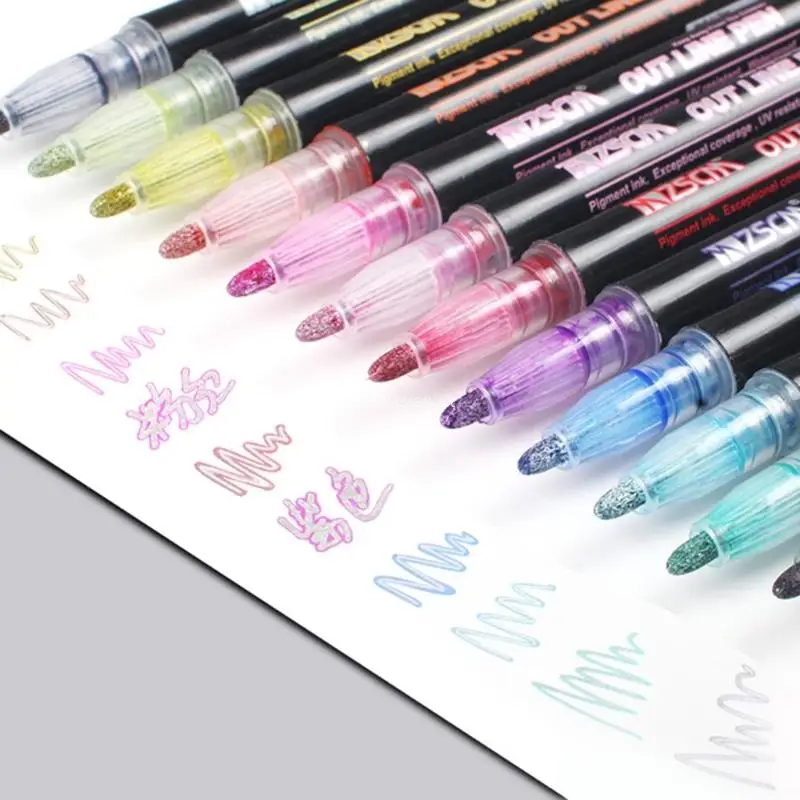 12 ชิ้น METALLIC Outlines MARKER ปากกา,Double Line Outline ปากกาสำหรับเขียนการ์ด Dropship