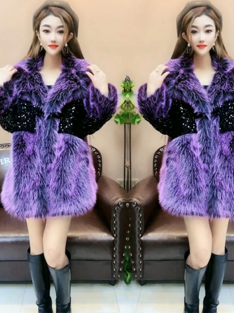 Polo Collar Long Sleeve Faux Fox Fur Sequined Fur Coat Women 2022 Winter Clothes Temperament Slimming Purple Leather Fur Jacket