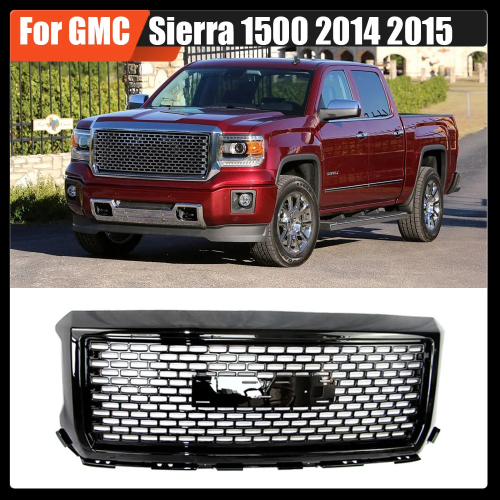 

For GMC Sierra 1500 2014 2015 Front Upper Grill Bumper Mesh Hood Grills Gloss Black Car-Styling ABS High Quality Racing Grille