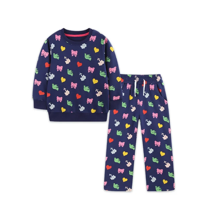 2-7T Toddler Girls 2Pcs Clothes Set 100% Cotton All Over Print Bow Heart Flower Sweatshirt Straight Pants Kids Casual Tracksuit
