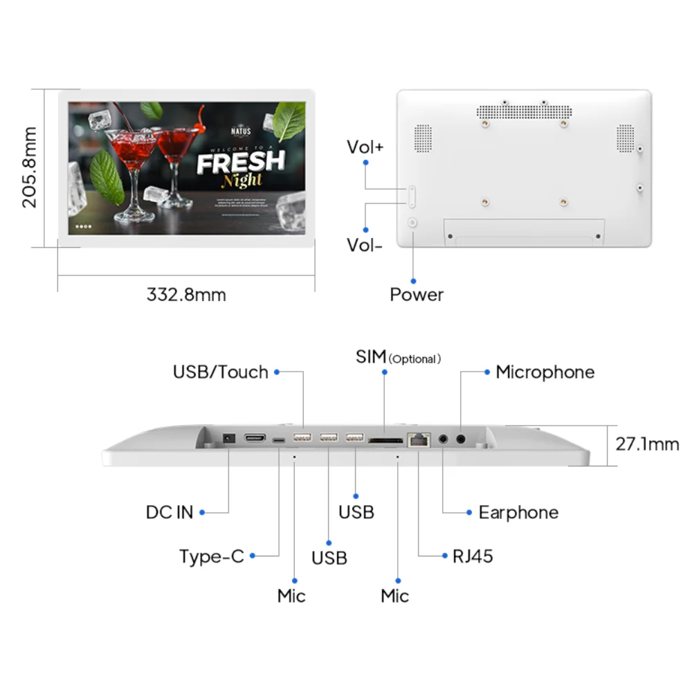 Ultra-Thin Android 12 Industrial POE Tablet 14 Inch Incell Touch Screen Wall-Mounted Embedded HDMI IN Display VESA Hang Monitor