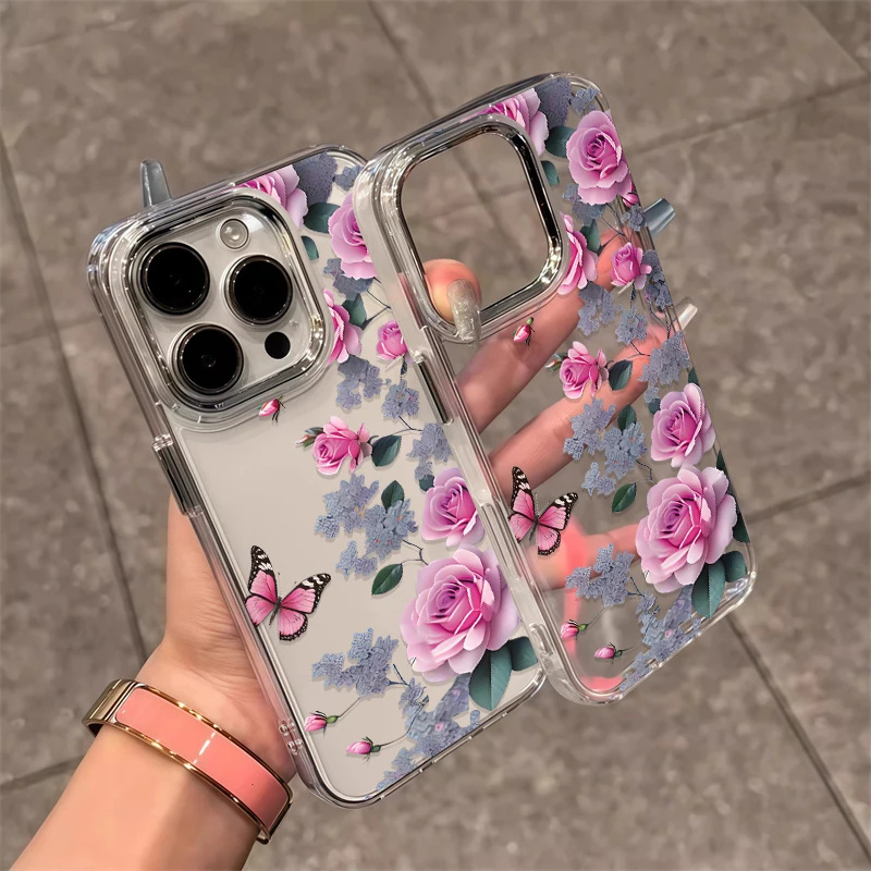 Shockproof Clear Acrylic Phone Case For iPhone 17 Air 16 16e 14 7 8 Plus 12 13 11 15 Pro Max XR XS Flower Pattern Soft Cover