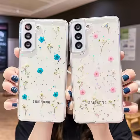 for Samsung Galaxy S23 S22 S21 FE S20 Ultra Plus A54 A13 A53 A73 A33 A52 A72 Case Real Dry Flower Glitter Clear Epoxy Cute Cover