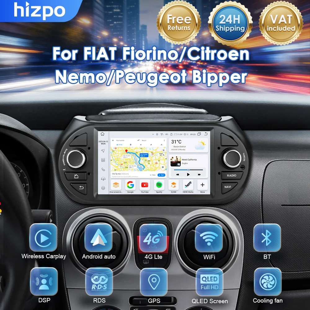 Hizpo Autoradio Android da 7 pollici con CarPlay Wireless per Fiat Fiorino / Citroen Nemo / Peugeot Bipper GPS Stereo Multimedia WiFi 4G 8 core RDS