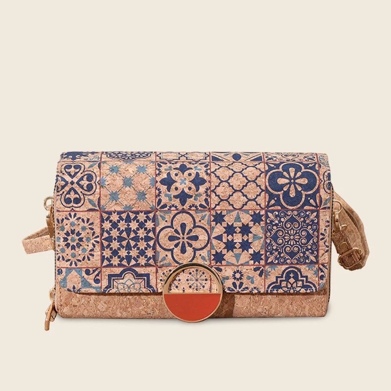 Retro Cork Wood Texture Geometric Pattern Crossbody Bag Women's Buckle Small Square Single Shoulder Bag American Vintage Style