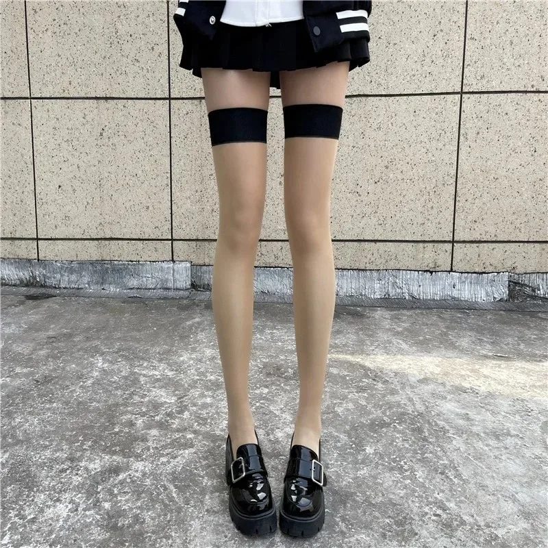 セクシーな薄いレースのストッキング、女性用無地黒肌太もも丈ロングソックス、レディース、JK、ロリータ、スイートレッドエッジ、ニーハーフストッキング