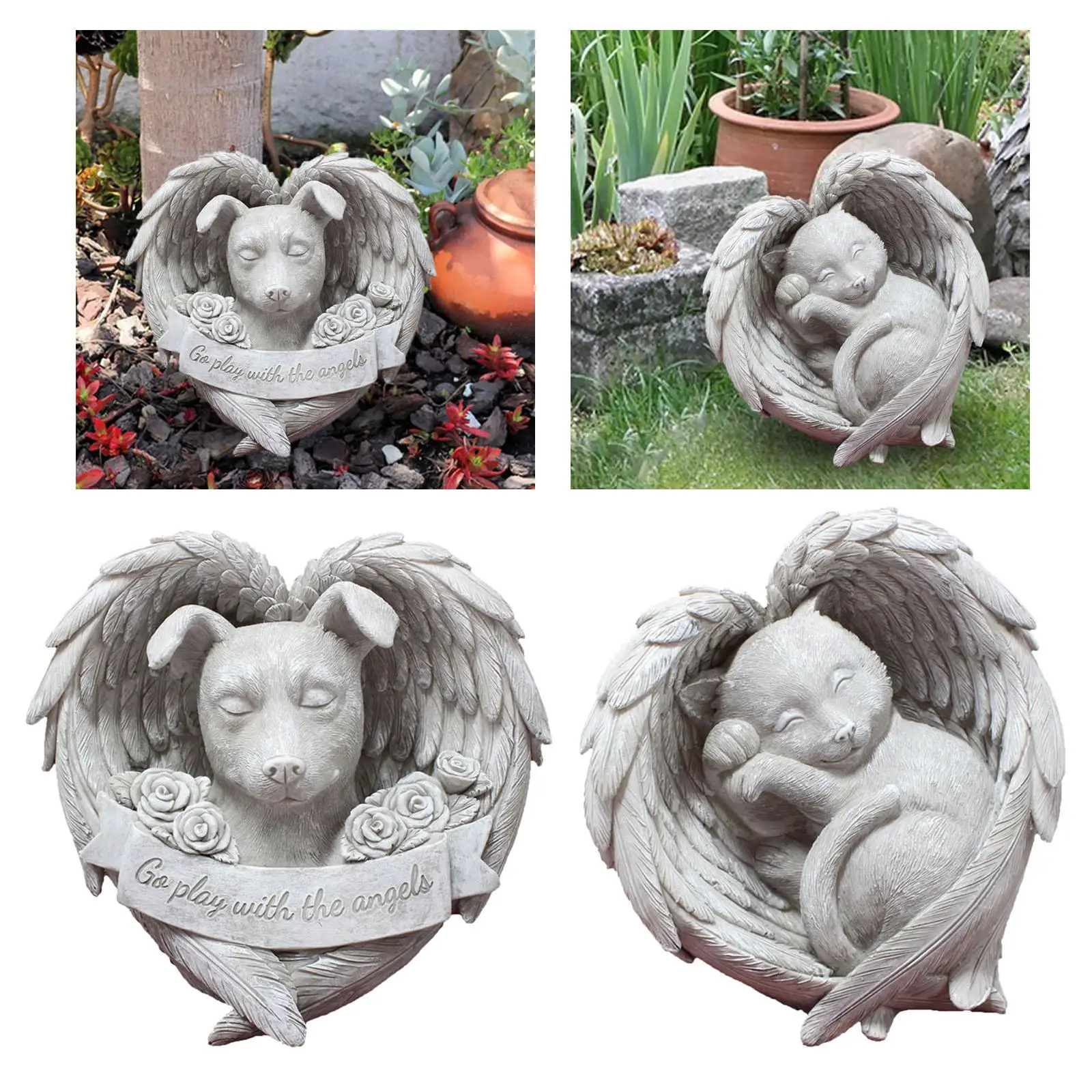 Pet Memorial Stone Collection Sturdy Resin Sleeping Pet Statue Garden Statue Angel Wing Figurine for Backyard Outdoor Garden