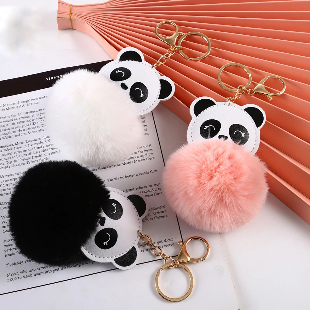 Fashion 6cm PU Leather Animal Panda Keychain Soft Faux Rabbit Fur Pompom Fluffy Hairball Key Chain Women Bag Charms Decorations