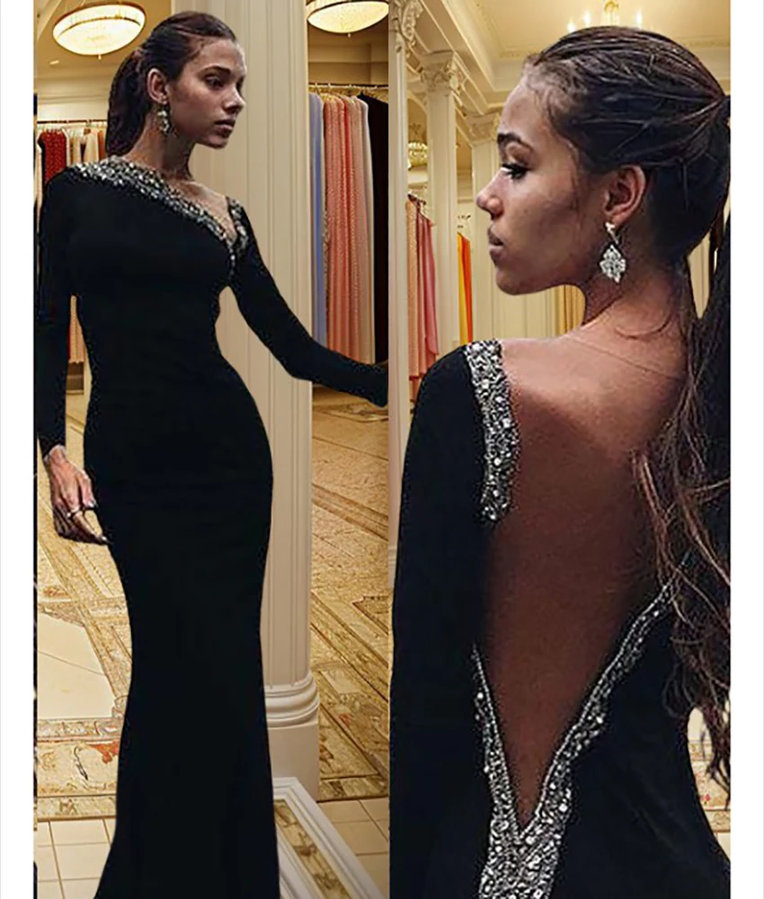 

Customized Classic Sequined Crystal Jersey Mermaid Evening Dress Delicate Long Sleeves V-Neck Floor Length Celebrity Gowns