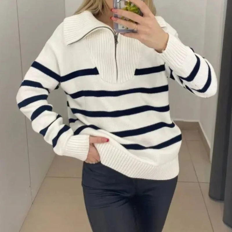 Zipper Striped Sweater Kintted Women Crochet Pullovers Streetwear Spring Autumn Winter Sweet Jumper Y2k Top Jumper Streetwear