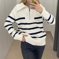 Sweter w paski z zamkiem błyskawicznym damskie szydełkowe swetry Streetwear wiosna jesień zima sweter sweter Y2k Top sweter Streetwear