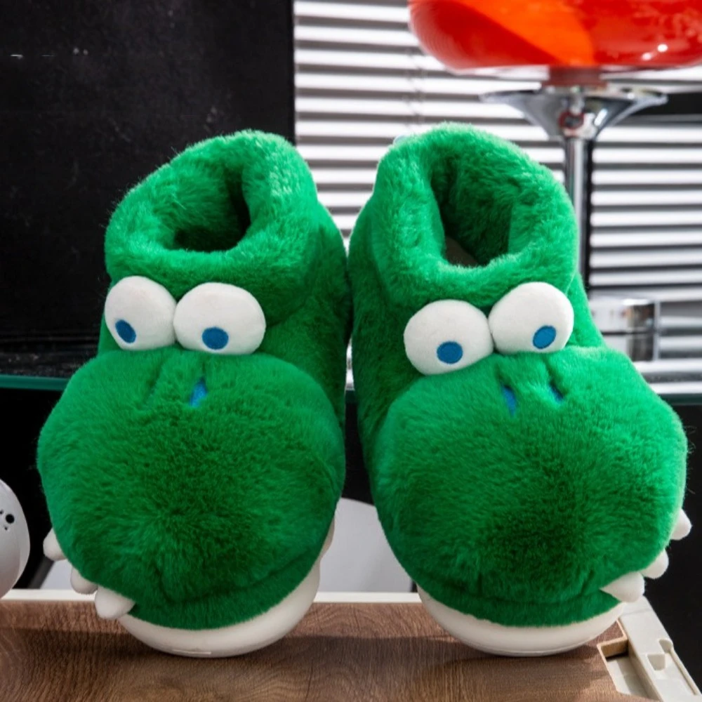 Stylish Crocodile Dinosaur Plush Slippers Cartoon Green Platform Flat Slippers Cute Floor Shoes Thicken Warm Slippers Winter
