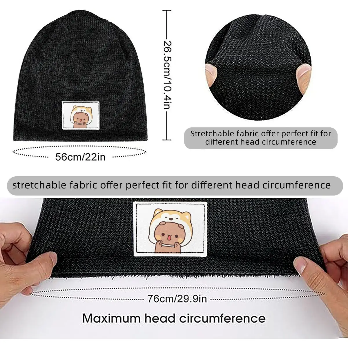Bear And Panda Bubu Dudu Waffle Knit Fleece Lined Beanie with PU Leather Patch Unisex Warm Winter Soft Cap