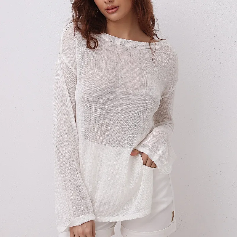 001 See-through Cutout Knitted Mini Beach Dress New Summer Beachwear Cover-ups Women Long Sleeve Sunscreen Smock Tops Cover Up