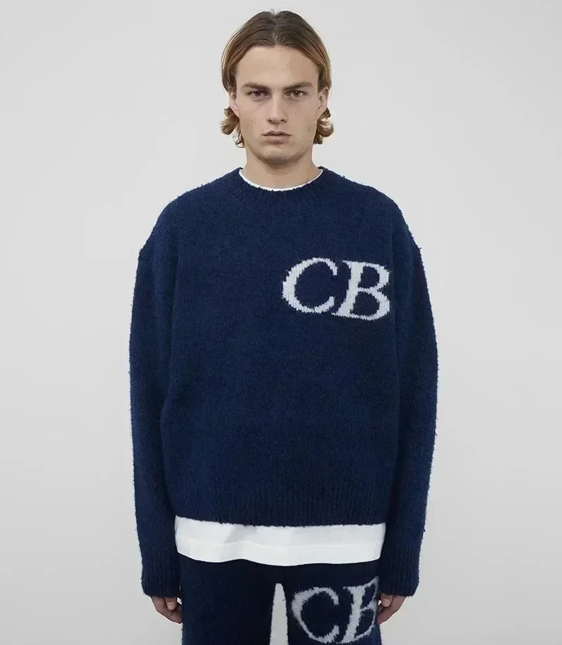 25ss البلوزات المتضخم شعار CB أعلى جودة الجاكار Crewneck متماسكة البلوفرات النقية