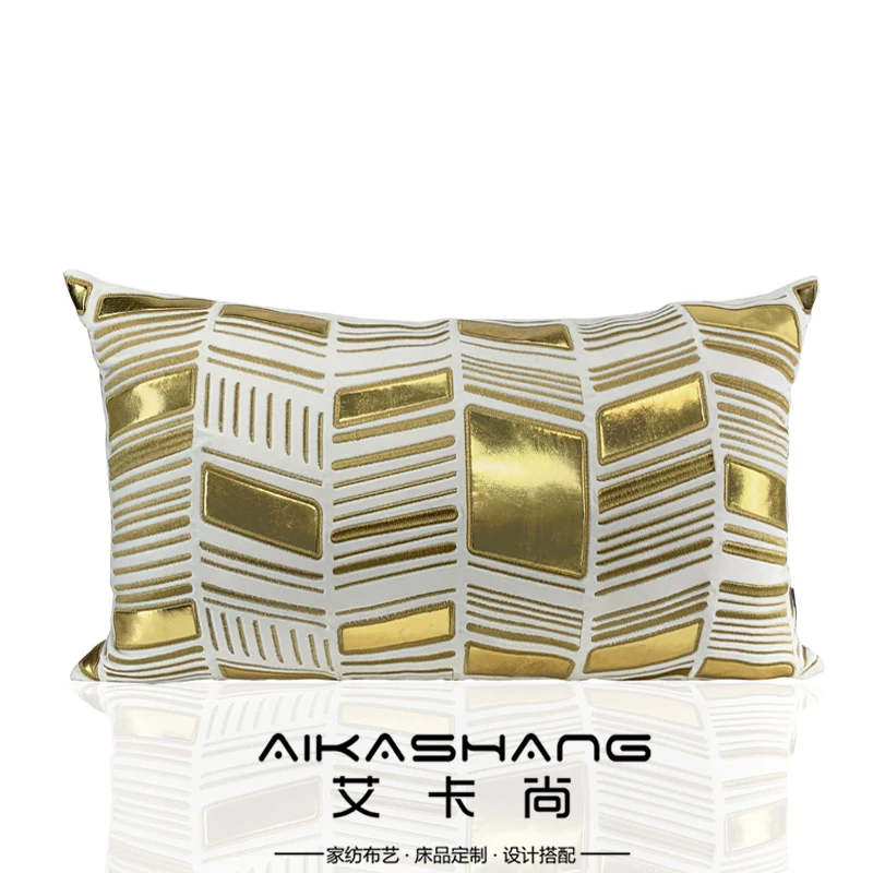 

Modern Light Luxury Model Room Golden Leather Waist Pillow Pillow Square Embroidered Striped Sofa Waist Rest Pillow Bag