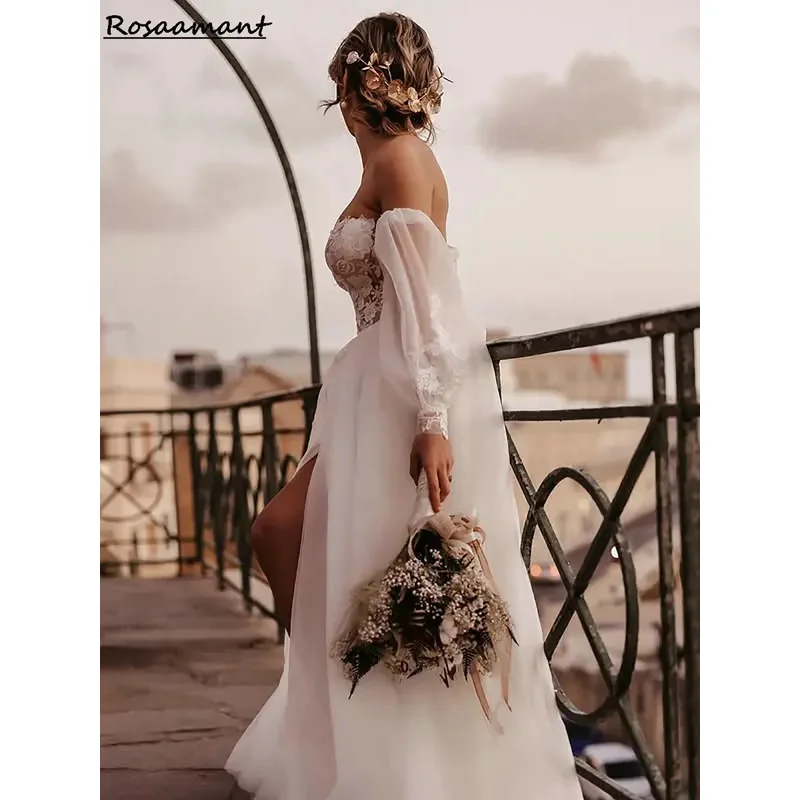 Simple Sweetheart High Split A-Line Wedding Dresses Illusion Detachable Sleeve Appliques Lace Bridal Gowns Robe De Mariée