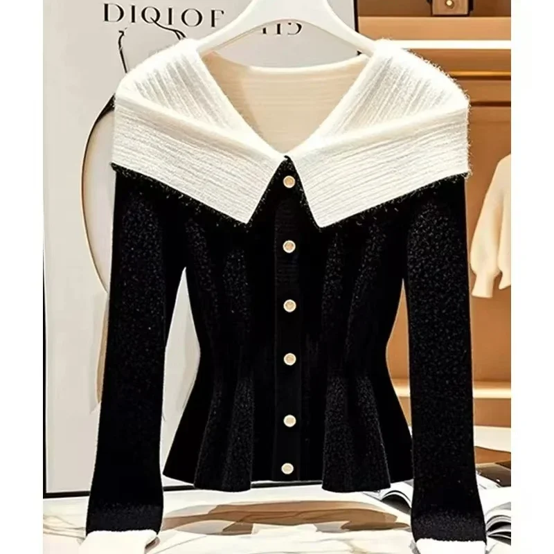 

Autumn Vintage Trend Tops Women Clothing Chic Design Knitted Cardigan Slash Neck Slim Coat Soft Wool Sweater Long Sleeve Top