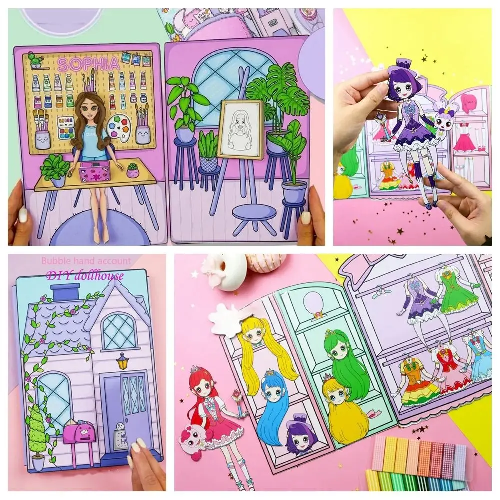 

No Cutting Paper Doll House Girl DIY Toy Play Repeatedly Paper Doll Quiet Book Sparkling Handbook DIY Cute Princess Book