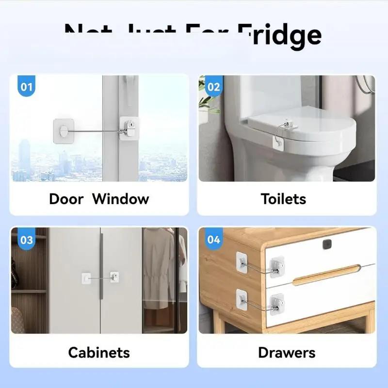 Combination Refrigerator Lock Adhesive No Drill Heavy Duty Steel Cable Anti-Pry for Home Kitchen Cabinet Door Child Safety