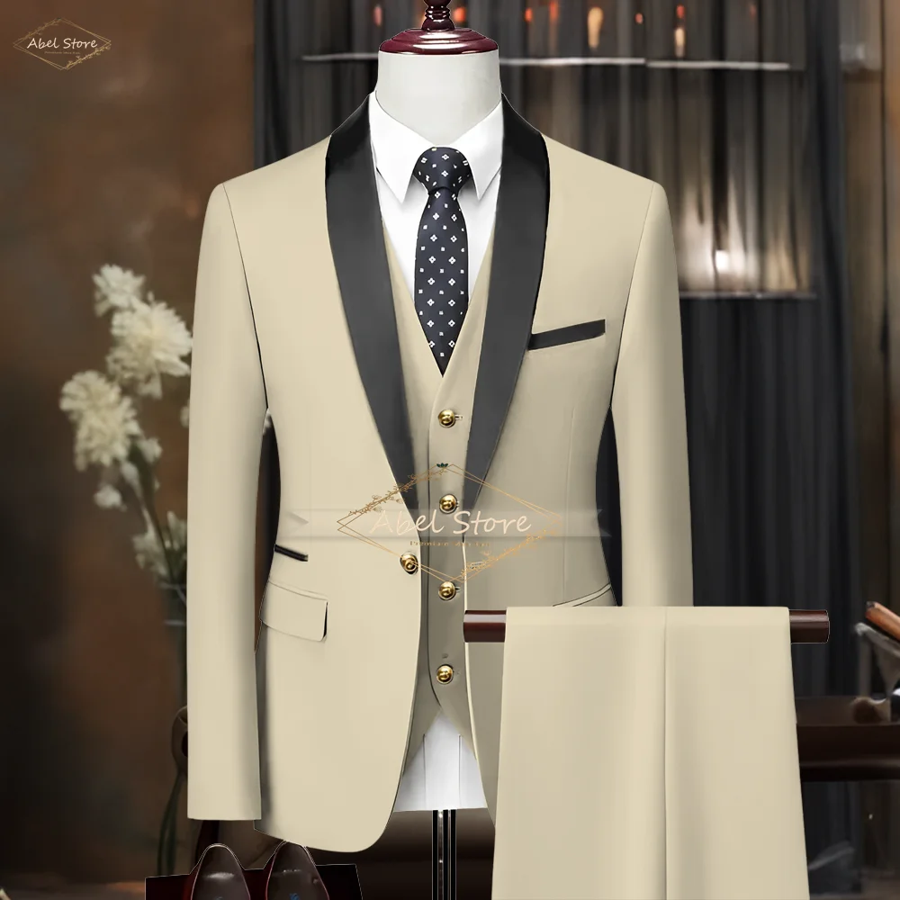 Men's 3-piece suit, custom made wedding/ball/dinner stylish shawl collar gold button elegant tuxedo (jacket + vest + pants)