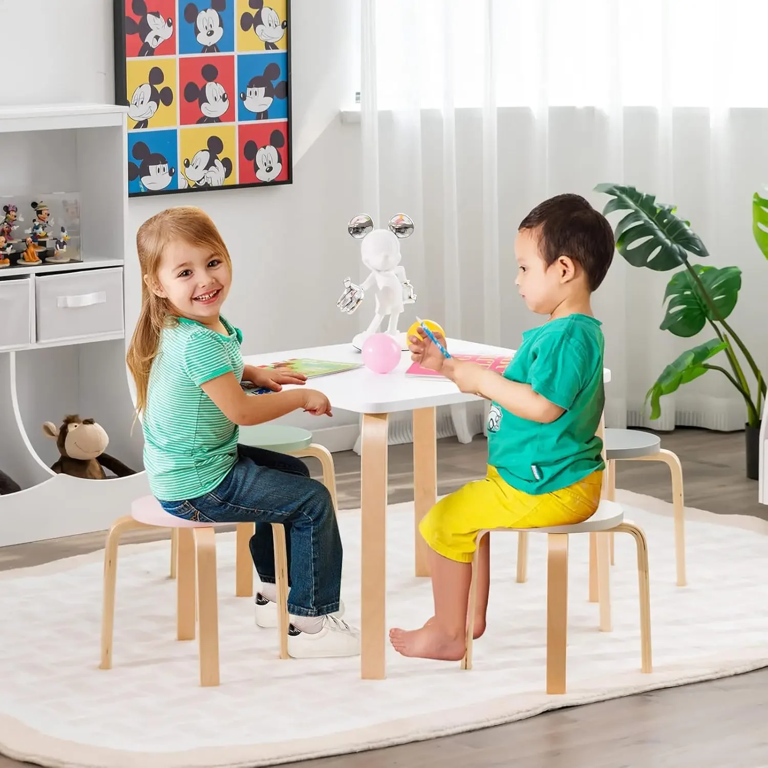 Kids Wooden Table and Stool Set, 5-Piece Activity Table with 4 Stools for Toddler Building Block Drawing Reading Art Crafts, Chi