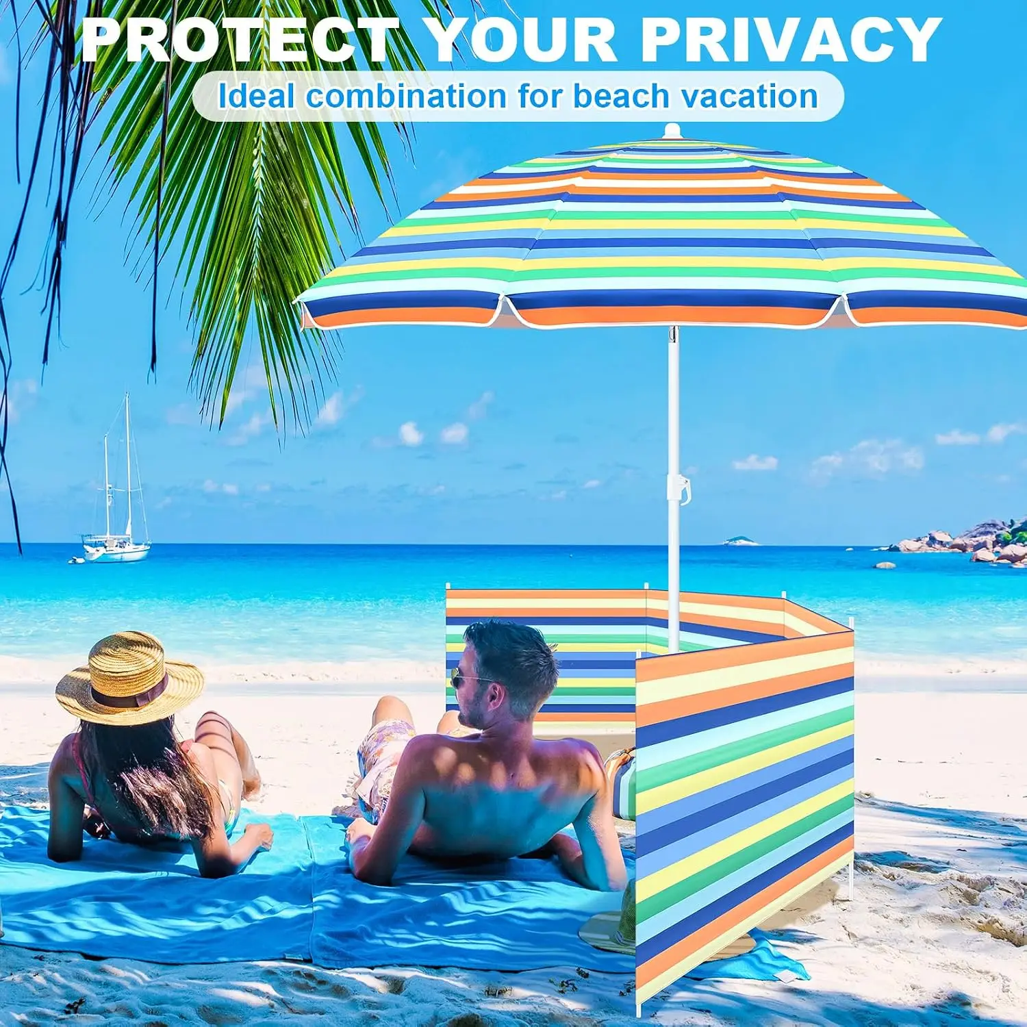 20ft Beach Windscreen Set With 6ft Beach Umbrella UV 50 Wind Blocker Sandbeach Tanning Privacy Screen Kit Sand Anchor Storage Bag Outdoor view 7