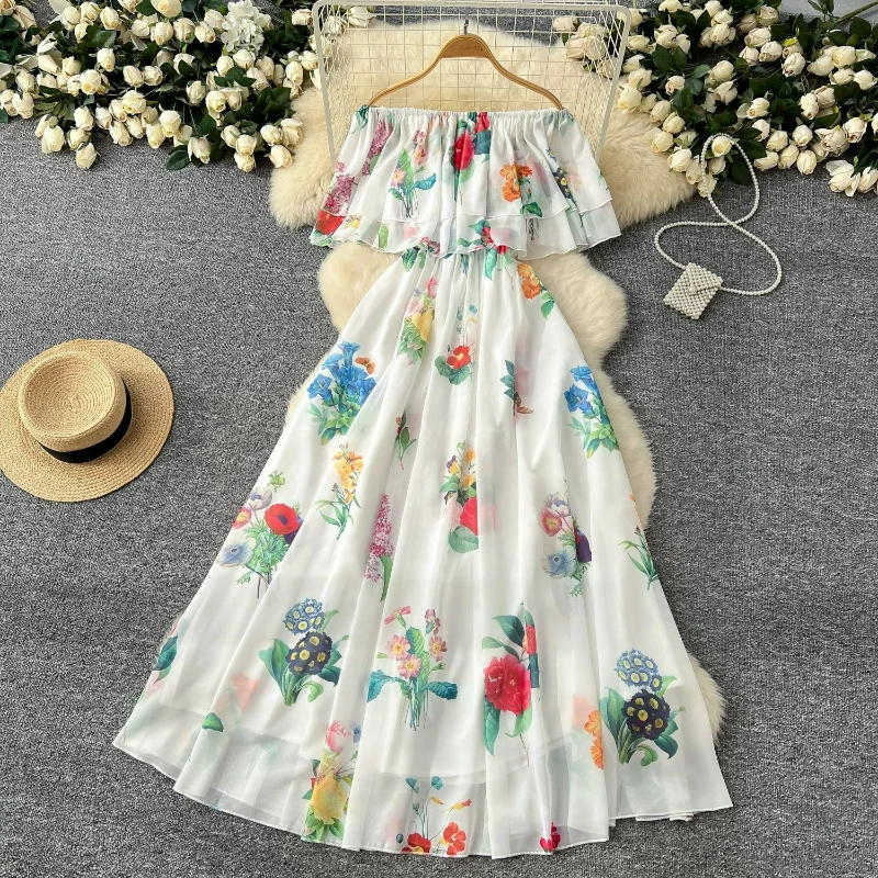 

Women Print Beach Long Dresses Elastic Waist Slash Neck Dress Ruffles Short Sleeve Spliced Casual Vestidos Work Summer 2025