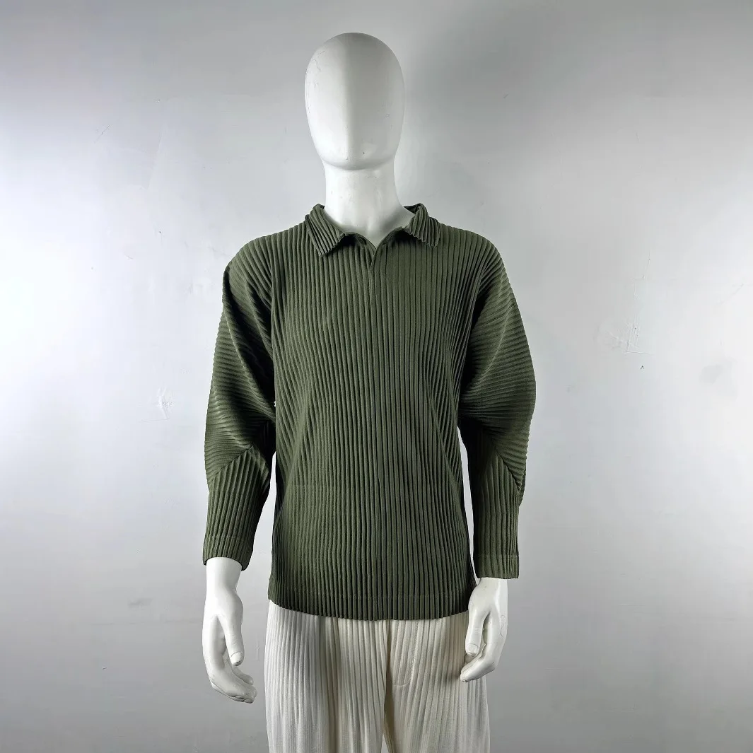 Miyake Men's Solid Color Plisse Japanese Casual Classic Pleated Loose Casual Fashion Pleated Lapel Long Sleeve Top Polo Shirt - Image 3