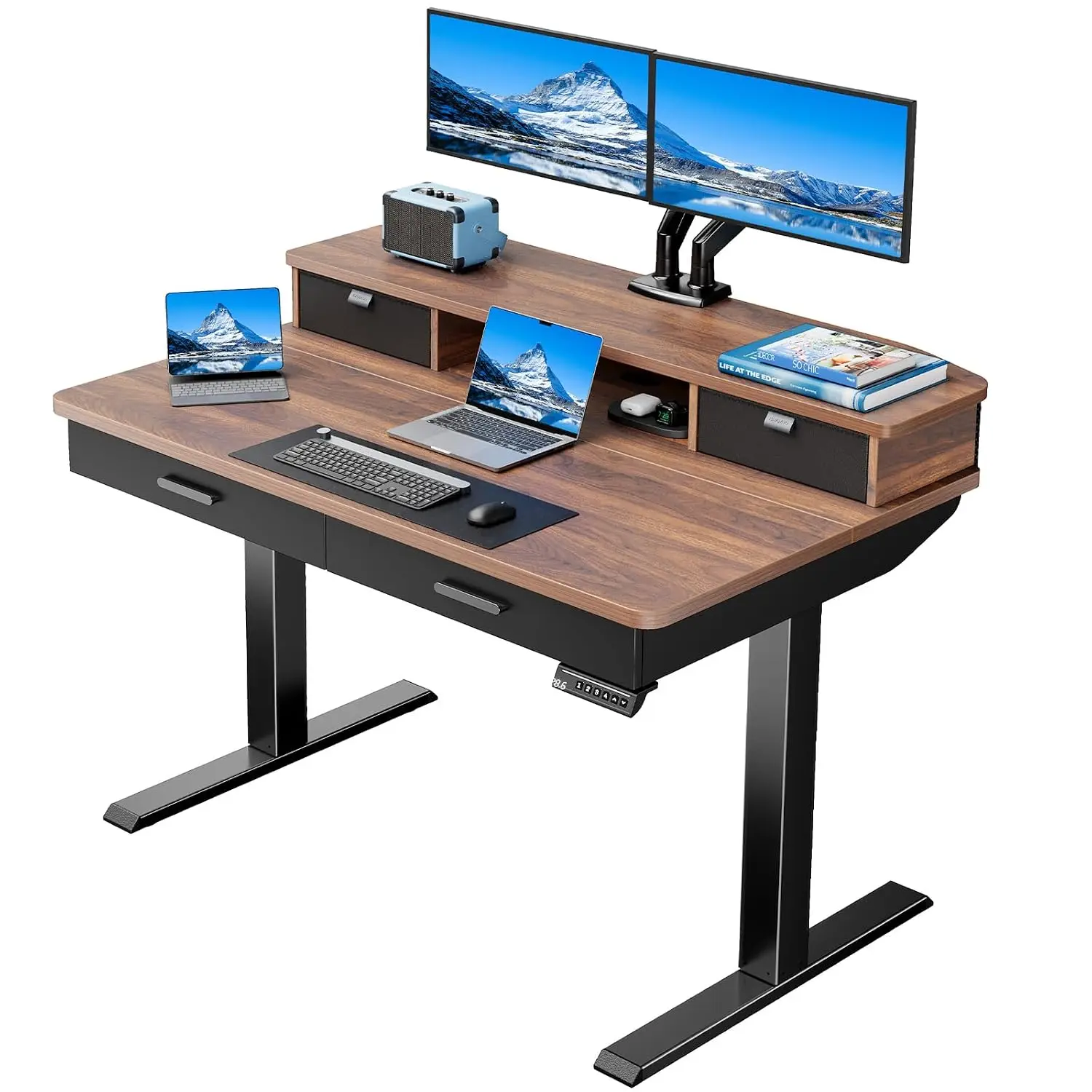 Electric Standing Desk 48x30 Inch 4 Drawers Walnut, Deeper Desktop Cable Tray Monitor Mount Grommet 27.9-46.8 Inch Height Adjust