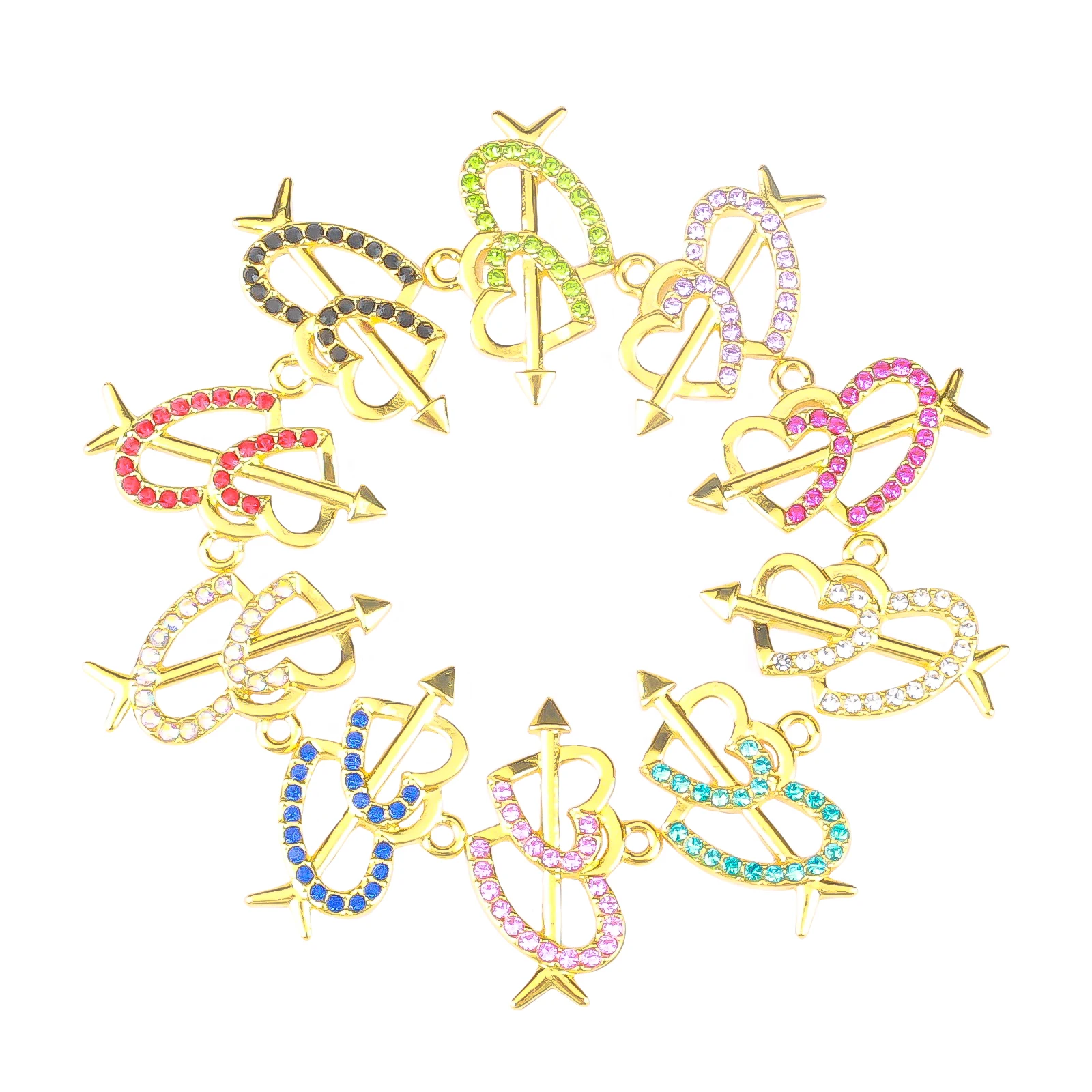 

10pcs Arrow Heart Charms with Rhinestone Fit for Bracelet Bangle Making DIY HT0082-HT0085