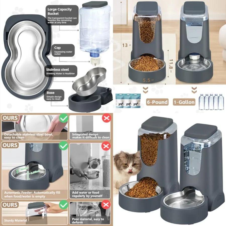 

Automatic Cat Feeder and Water Dispenser with Stainless Steel Bowl Dog Gravity Food Feeder and Waterer for Small Medium Pets Pu