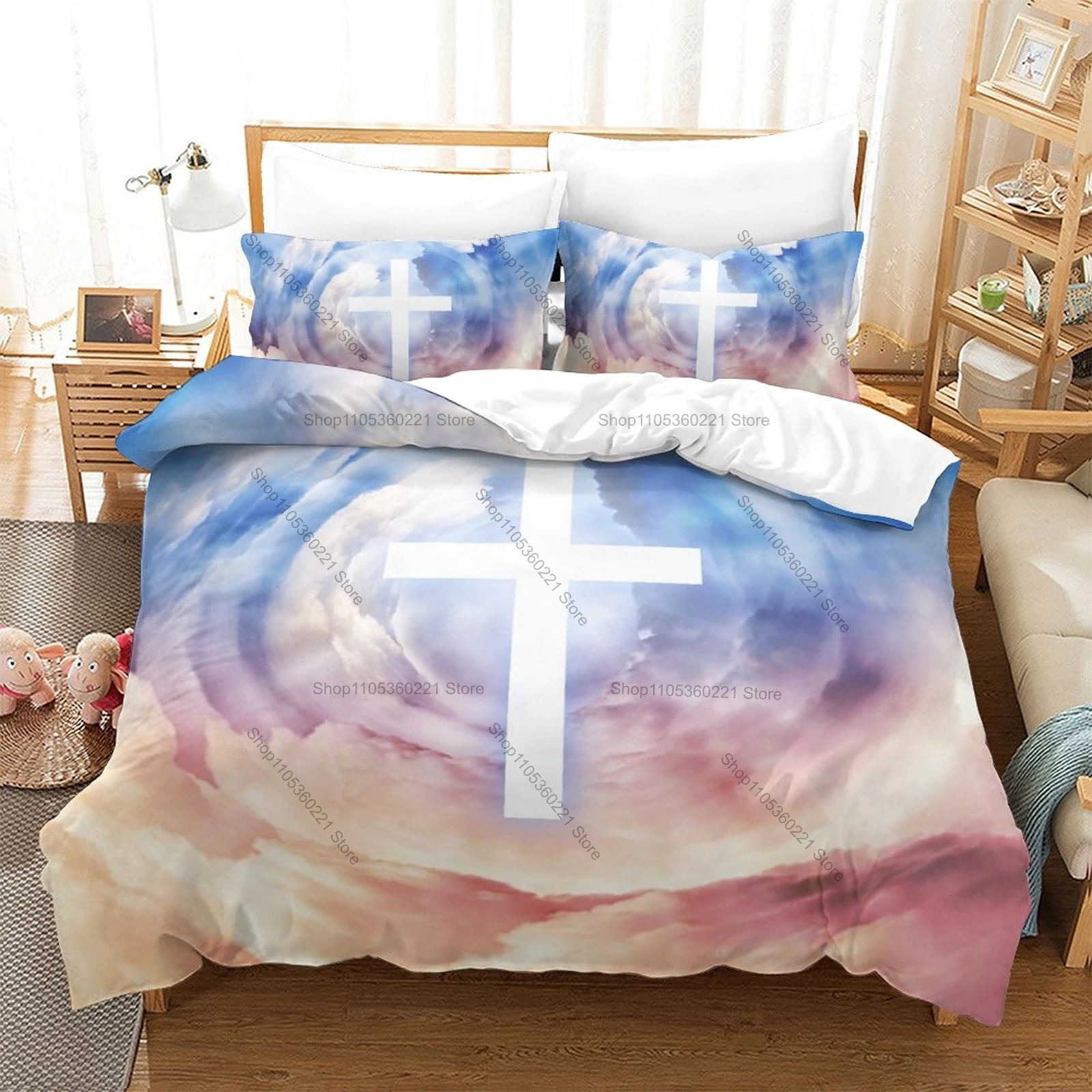 Icon Holy Cross & Dove Graphic Jesus Bedroom Decor Bedding Duvet Cover + 2 Pillowcases All Season Use