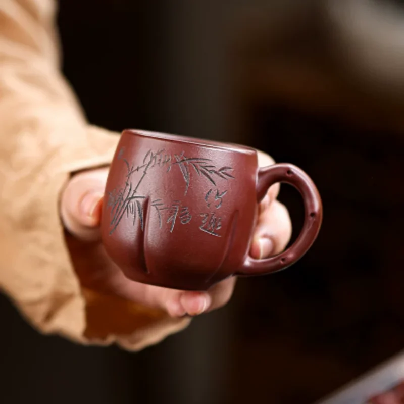 Traditional China Yixing Zisha Tea Cup with Handle - Hand Carved Purple Clay Mug, Chinese Style Tea Set Ornament