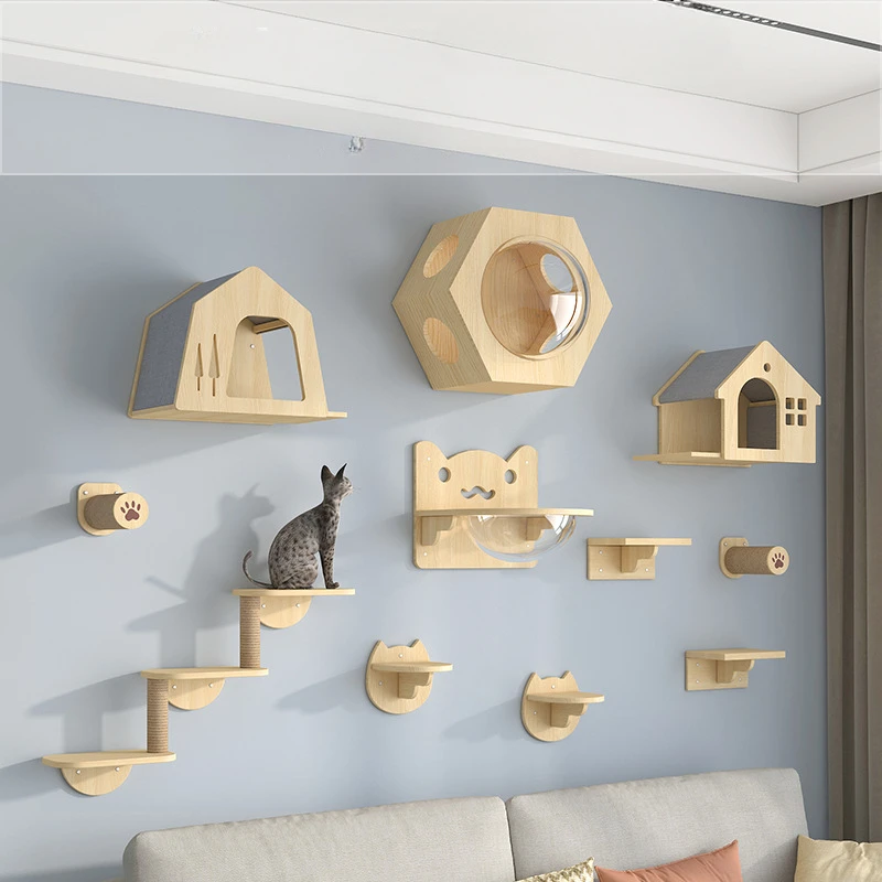 Wooden Cat Towers House Accessories Cute Scratch for Cats Tree Climbing Tower with Hammock Carrier Toy Training Aids Pet Product