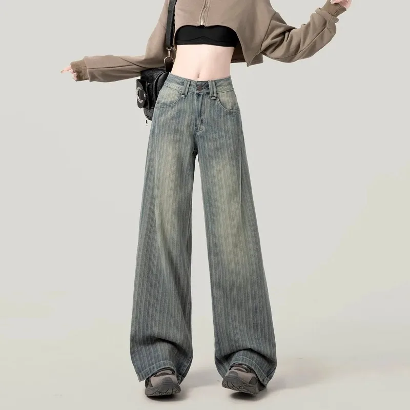 

Vintage Striped Jeans Women's Autumn New American High-Waist Straight-Leg Loose Pants