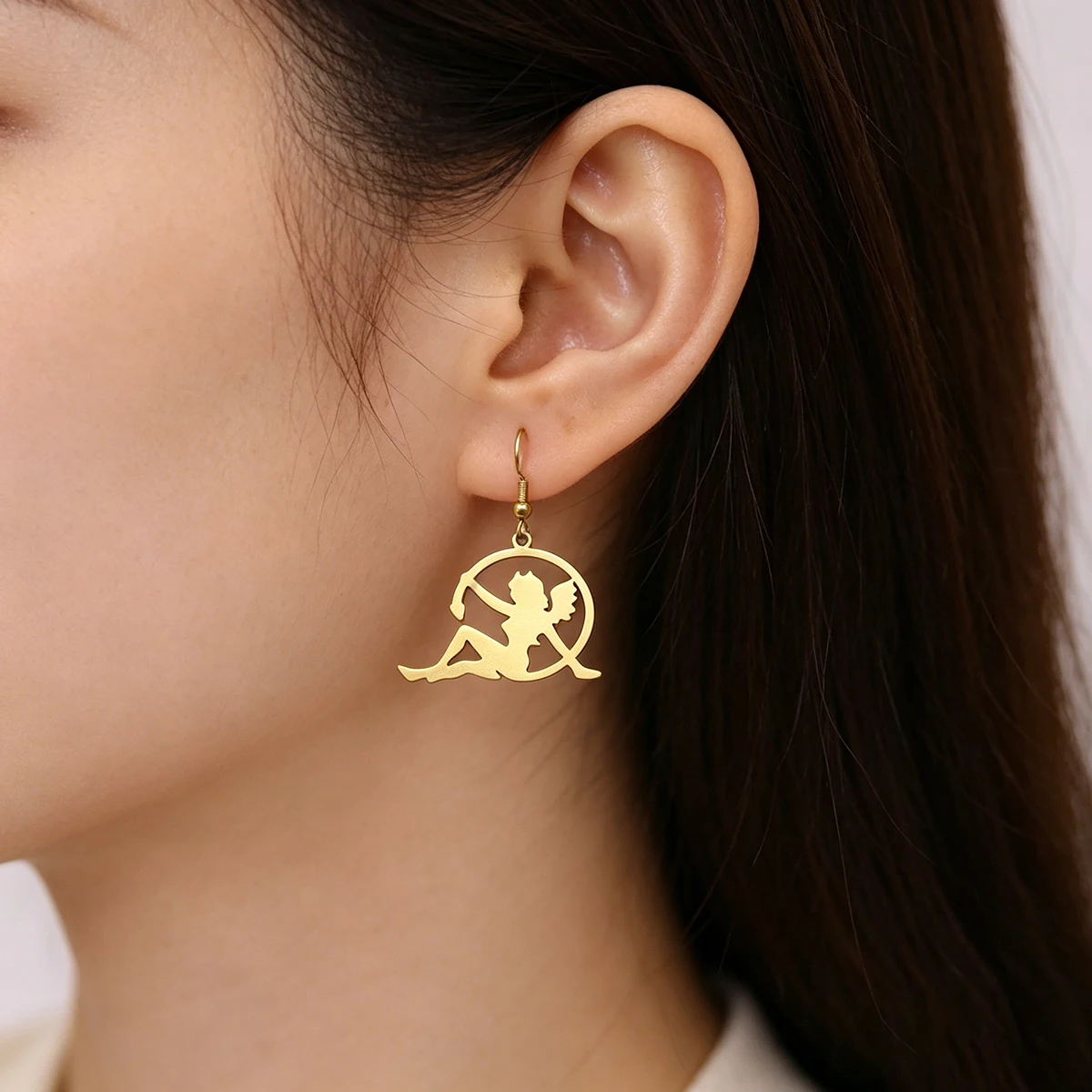 Romantic Cupid Archer Drop Earrings Stainless Steel Circle Framed Cherub Angel Dangle Hook Earrings Daily Jewelry for Ladies