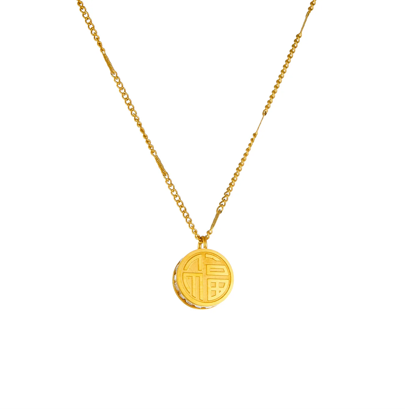 Cute Small Fashion Tiny Chinese Letter Fu Pendant Female Gold Color Stainless Steel Round Necklace for Woman Lucky Jewelry